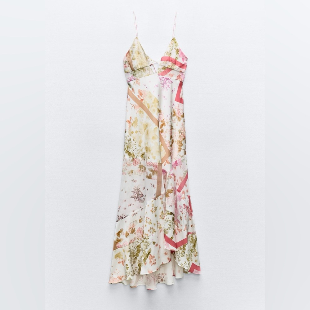 Zara White Floral Slip Dress with Pink and Green Accents